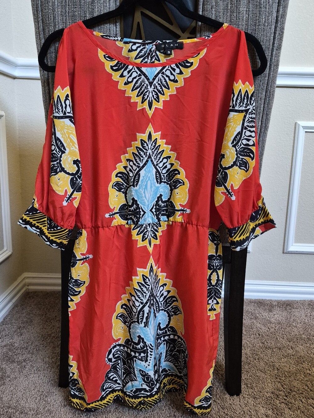 glam Red Cold-Shoulder Mini Dress with Yellow & Light Blue Medallions